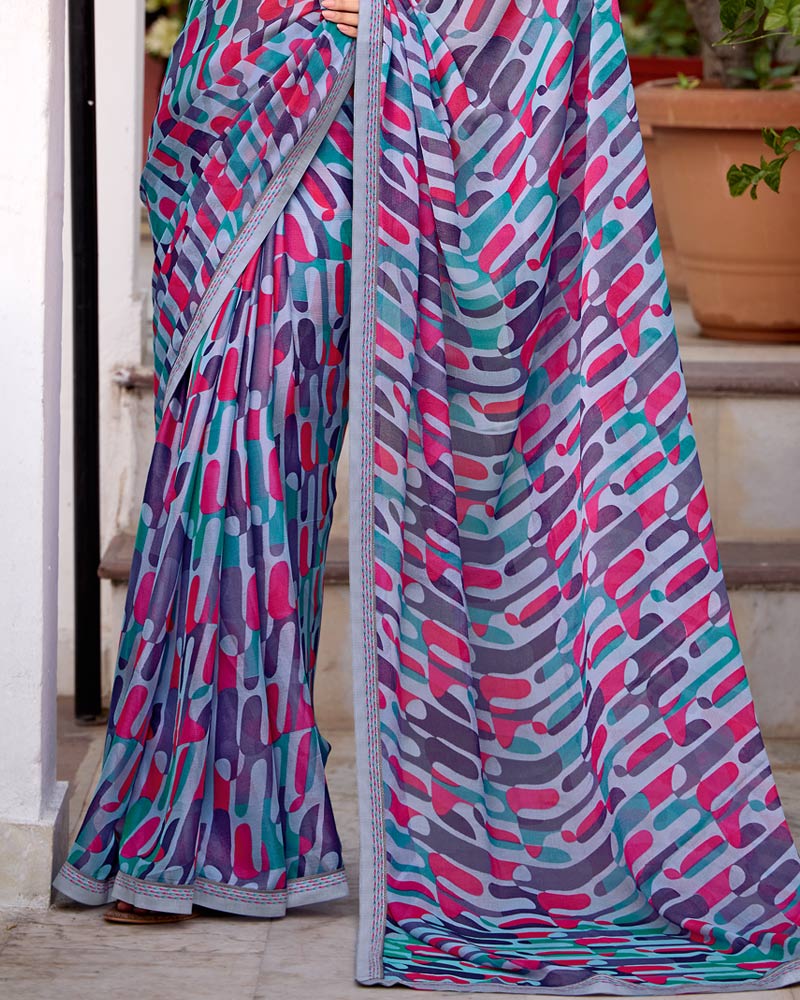Vishal Prints Light Lavender Printed Brasso Saree With Fancy Border