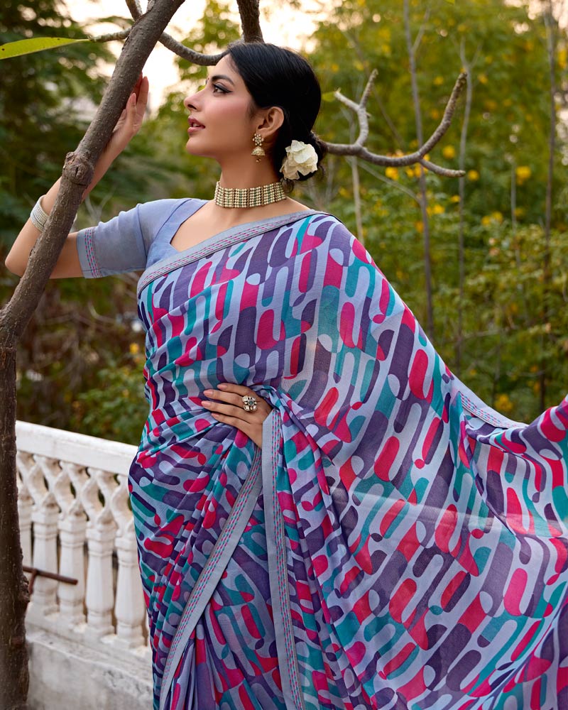 Vishal Prints Light Lavender Printed Brasso Saree With Fancy Border