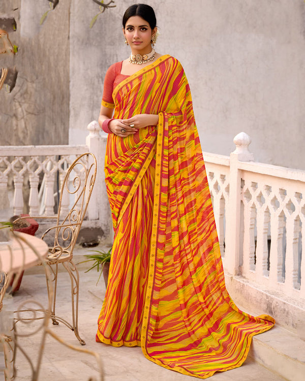 Vishal Prints Yellow Orange Printed Brasso Saree With Fancy Border