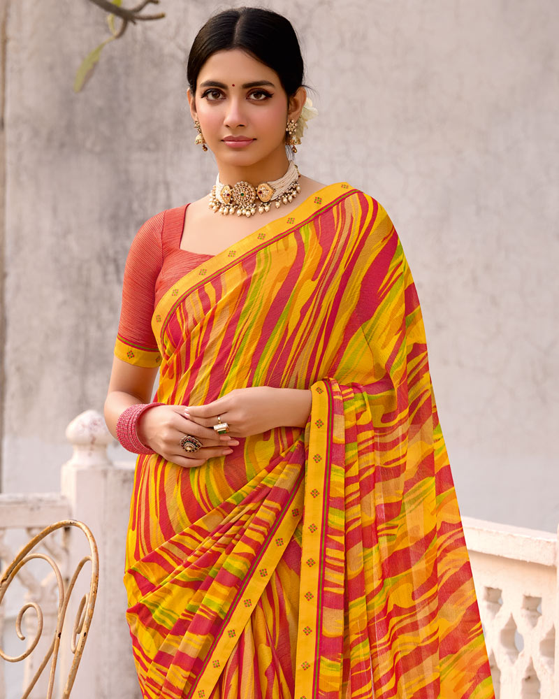 Vishal Prints Yellow Orange Printed Brasso Saree With Fancy Border