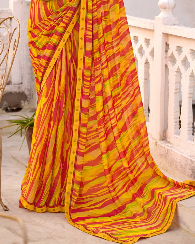 Vishal Prints Yellow Orange Printed Brasso Saree With Fancy Border