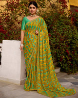 Vishal Prints Mustard Printed Brasso Saree With Fancy Border