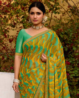 Vishal Prints Mustard Printed Brasso Saree With Fancy Border