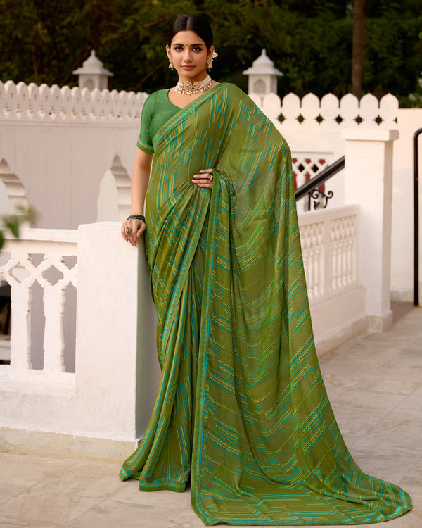 Vishal Prints Mehandi Green Printed Brasso Saree With Fancy Border