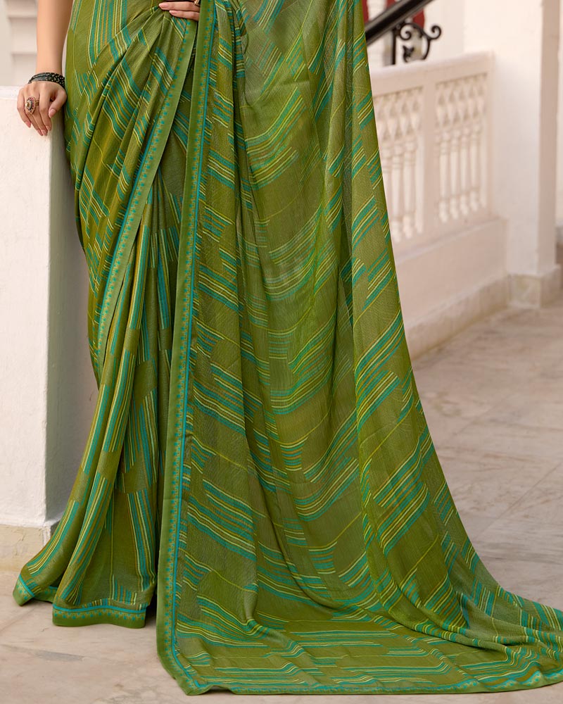 Vishal Prints Mehandi Green Printed Brasso Saree With Fancy Border