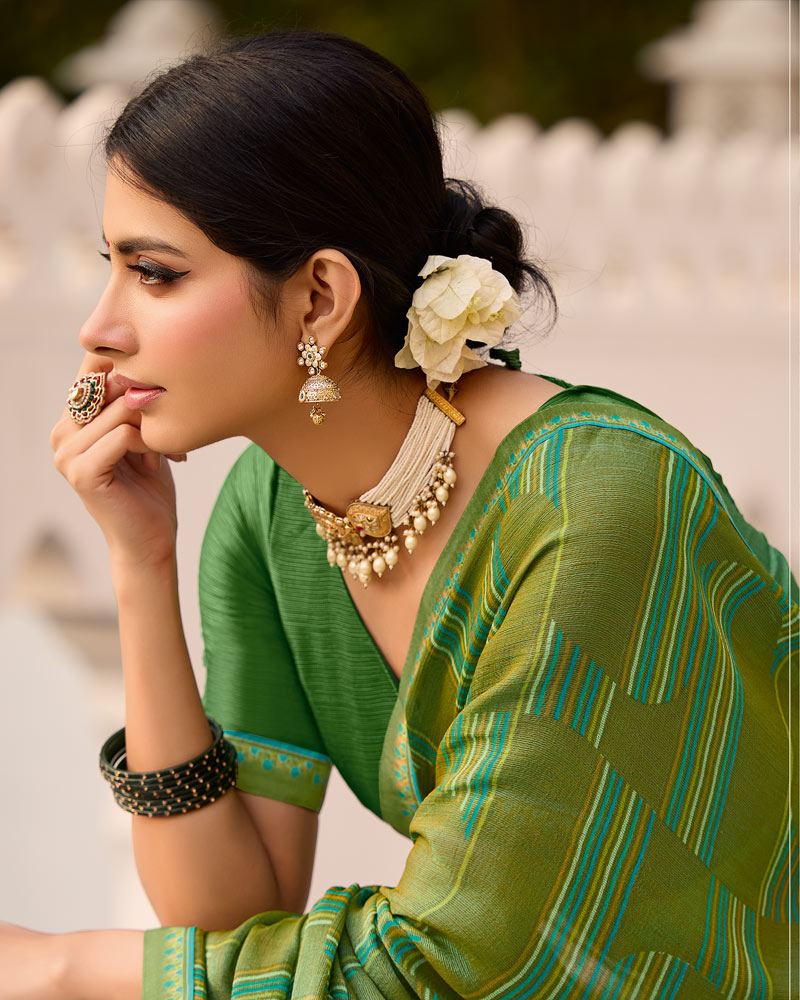 Vishal Prints Mehandi Green Printed Brasso Saree With Fancy Border
