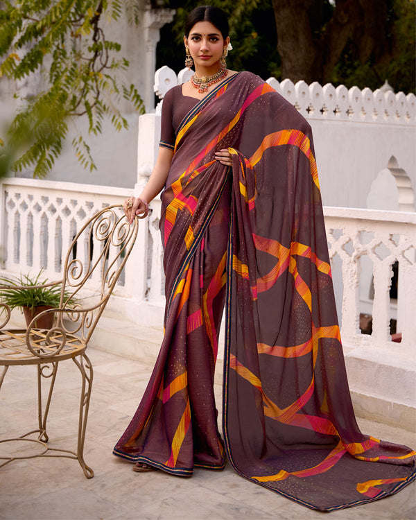 Vishal Prints Woody Brown Printed Brasso Saree With Fancy Border