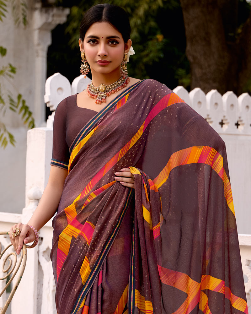 Vishal Prints Woody Brown Printed Brasso Saree With Fancy Border