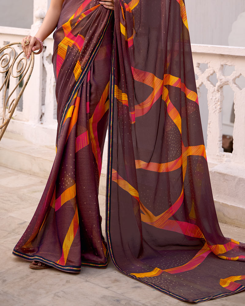 Vishal Prints Woody Brown Printed Brasso Saree With Fancy Border