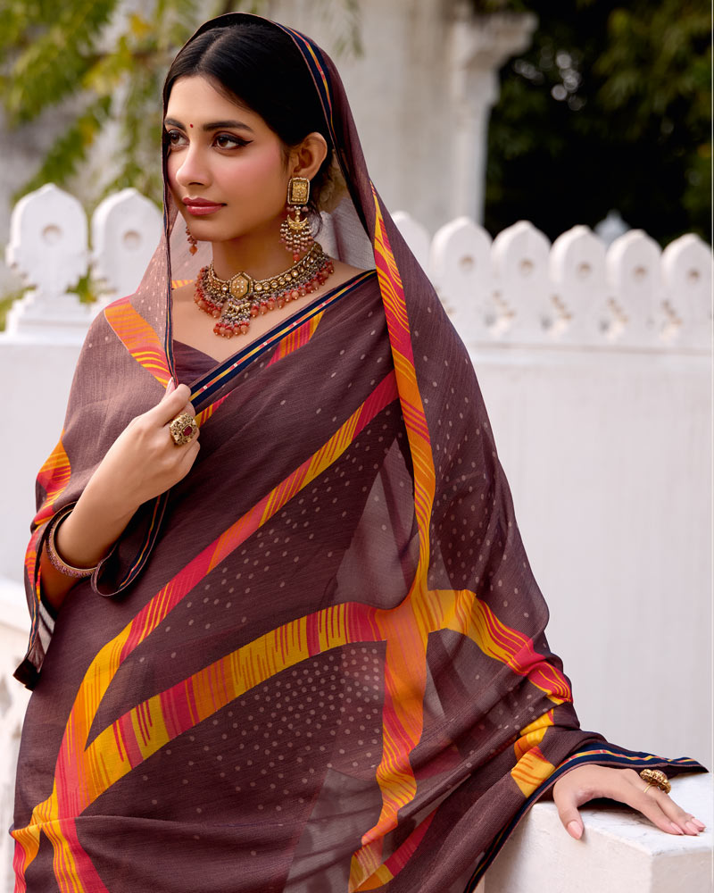 Vishal Prints Woody Brown Printed Brasso Saree With Fancy Border