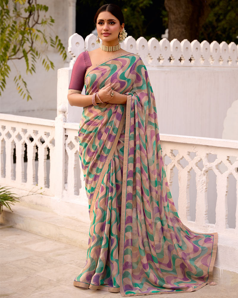 Vishal Prints Purple Pink Printed Brasso Saree With Fancy Border