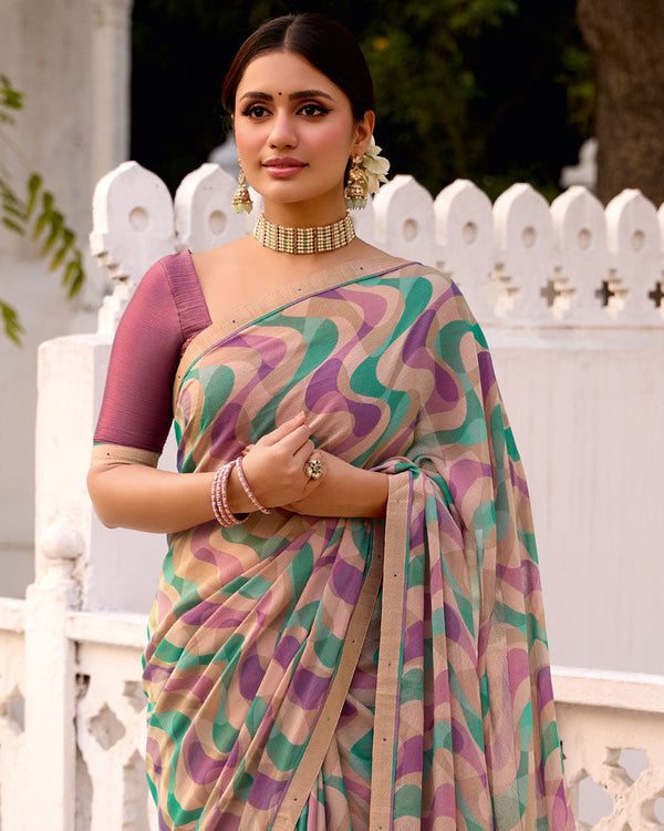 Vishal Prints Purple Pink Printed Brasso Saree With Fancy Border