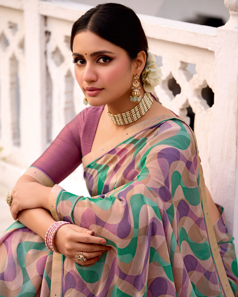 Vishal Prints Purple Pink Printed Brasso Saree With Fancy Border