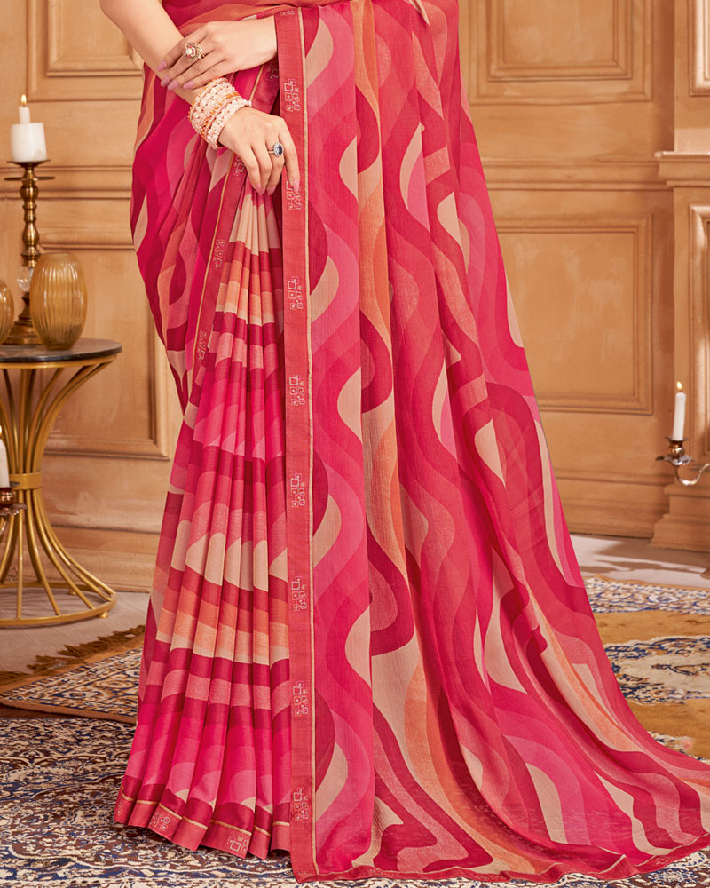 Vishal Prints Pastel Red Printed Brasso Saree With Fancy Border