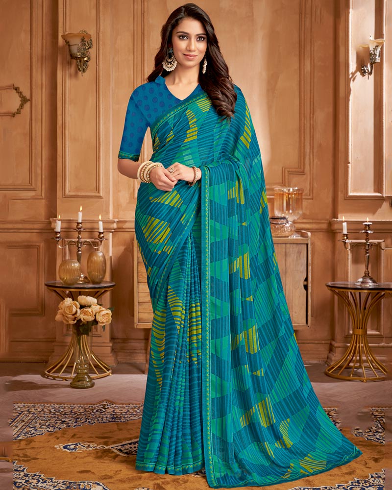 Vishal Prints Ocean Blue And Teal Green Printed Brasso Saree With Fancy Border