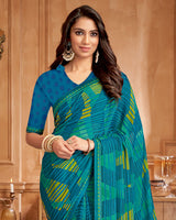 Vishal Prints Ocean Blue And Teal Green Printed Brasso Saree With Fancy Border