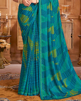 Vishal Prints Ocean Blue And Teal Green Printed Brasso Saree With Fancy Border