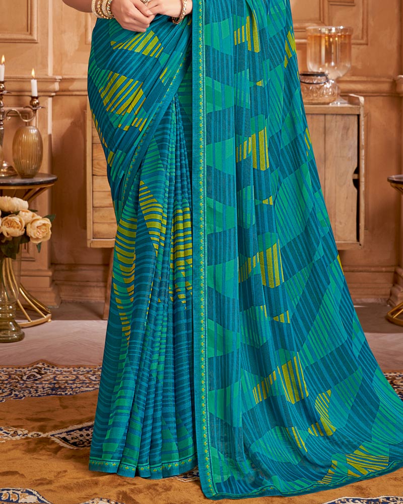 Vishal Prints Ocean Blue And Teal Green Printed Brasso Saree With Fancy Border