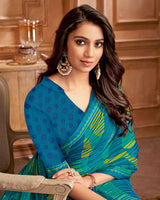 Vishal Prints Ocean Blue And Teal Green Printed Brasso Saree With Fancy Border