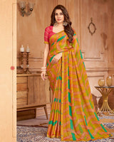 Vishal Prints Dusty Orange Printed Brasso Saree With Fancy Border