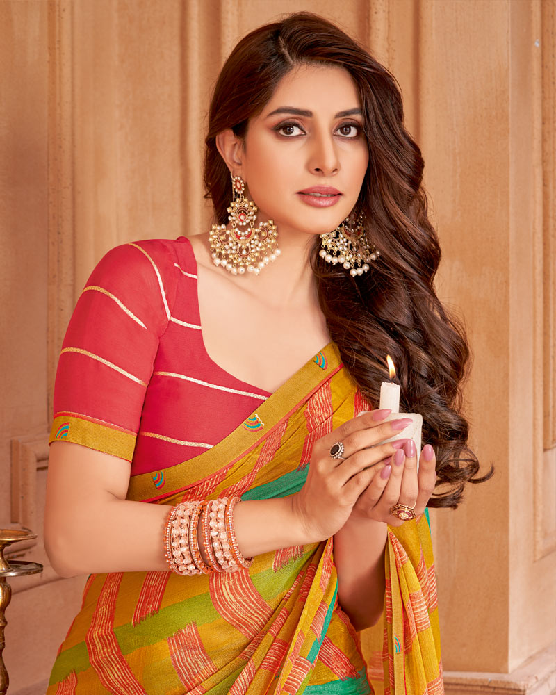 Vishal Prints Dusty Orange Printed Brasso Saree With Fancy Border