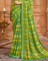Vishal Prints Dark Olive Green Printed Brasso Saree With Fancy Border