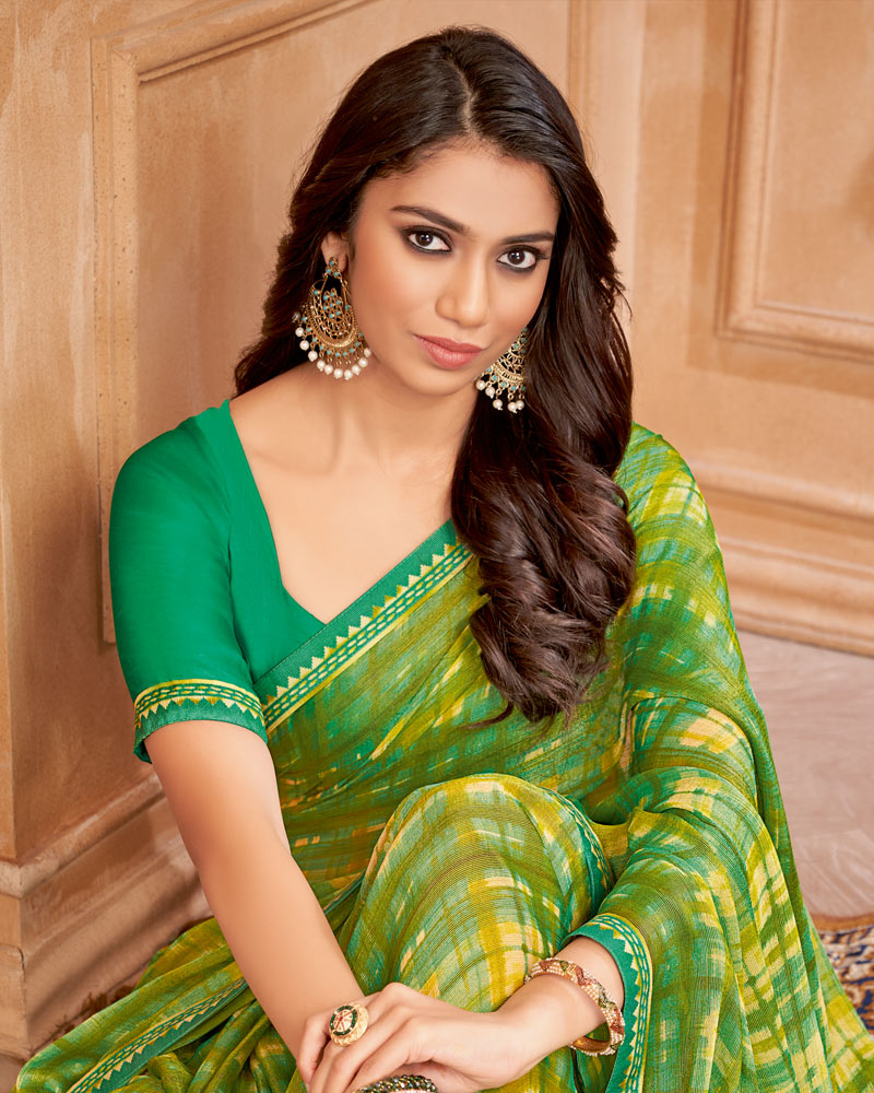 Vishal Prints Dark Olive Green Printed Brasso Saree With Fancy Border