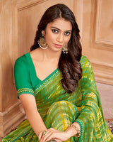Vishal Prints Dark Olive Green Printed Brasso Saree With Fancy Border