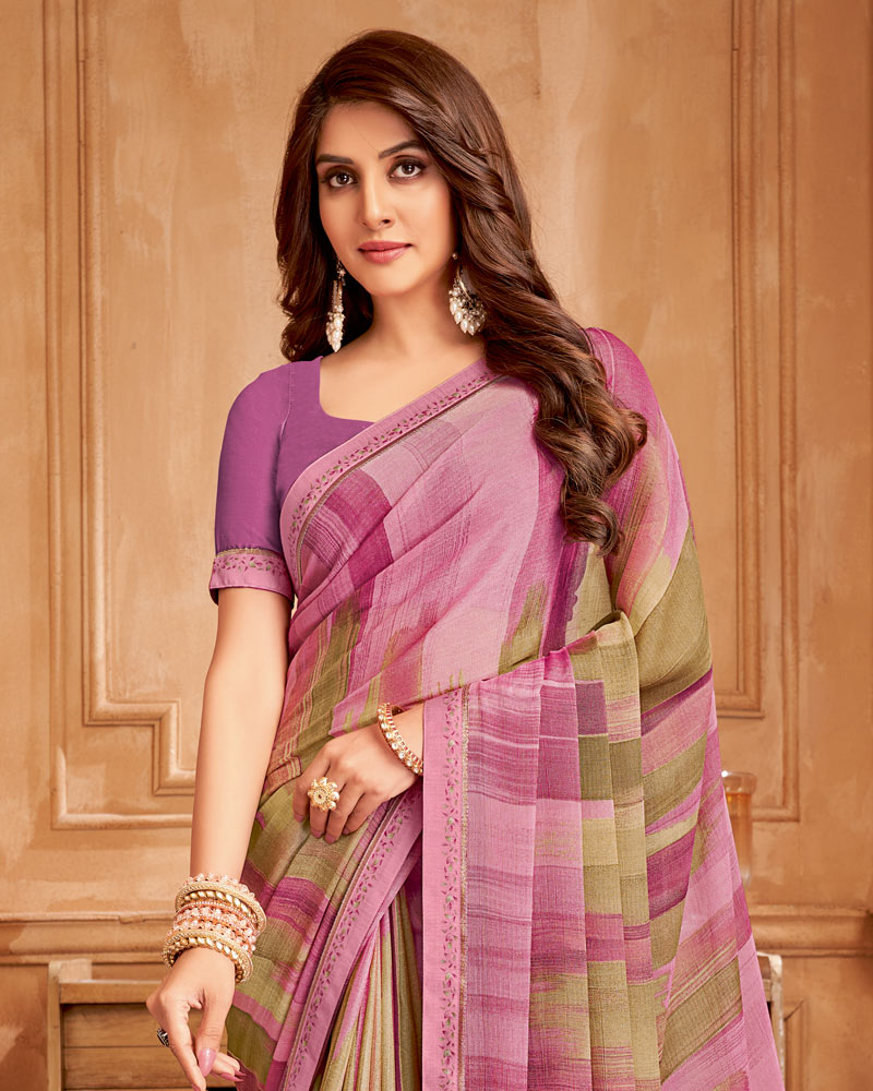 Vishal Prints Dusty Pink Printed Brasso Saree With Fancy Border