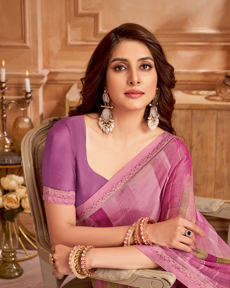Vishal Prints Dusty Pink Printed Brasso Saree With Fancy Border