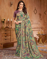 Vishal Prints Sage Green And Brownish Purple Printed Brasso Saree With Fancy Border