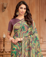 Vishal Prints Sage Green And Brownish Purple Printed Brasso Saree With Fancy Border