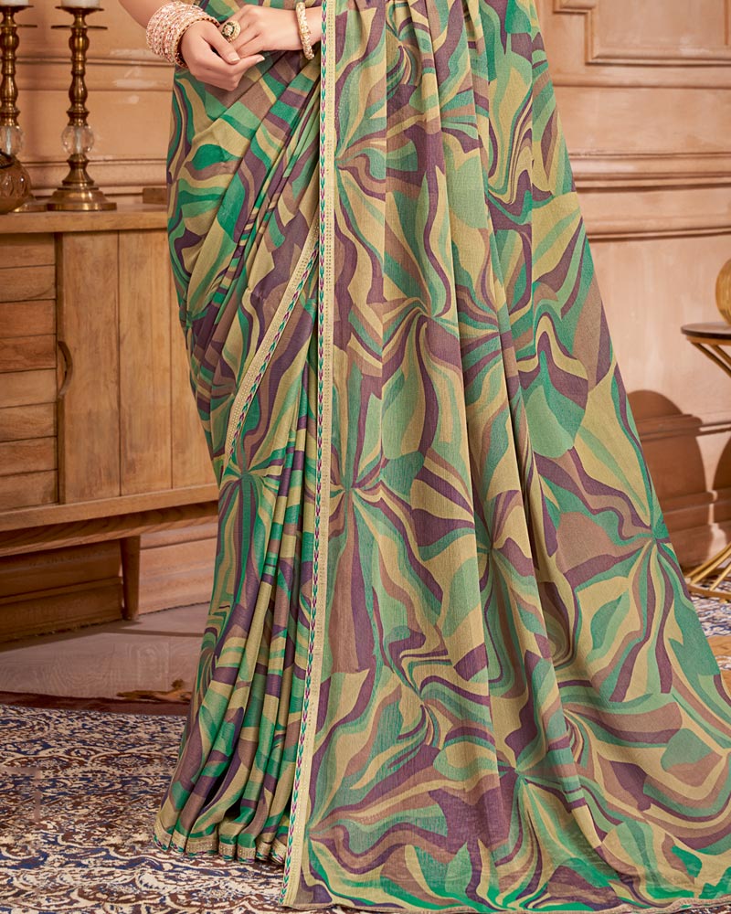 Vishal Prints Sage Green And Brownish Purple Printed Brasso Saree With Fancy Border