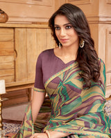 Vishal Prints Sage Green And Brownish Purple Printed Brasso Saree With Fancy Border