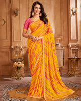 Vishal Prints Orangey Yellow Printed Brasso Saree With Fancy Border