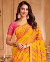 Vishal Prints Orangey Yellow Printed Brasso Saree With Fancy Border
