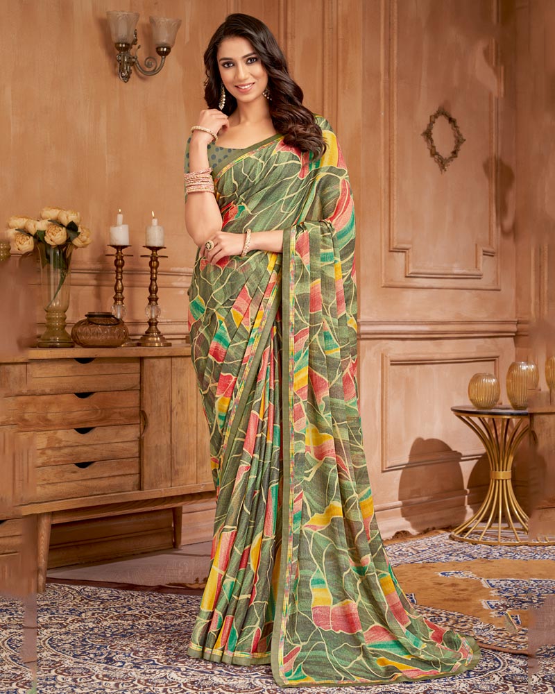 Vishal Prints Hazel Green Printed Brasso Saree With Fancy Border