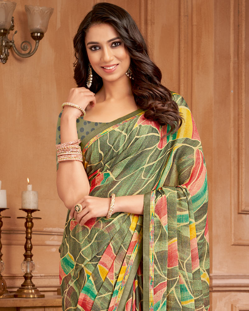 Vishal Prints Hazel Green Printed Brasso Saree With Fancy Border