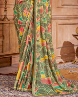 Vishal Prints Hazel Green Printed Brasso Saree With Fancy Border