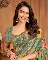 Vishal Prints Hazel Green Printed Brasso Saree With Fancy Border