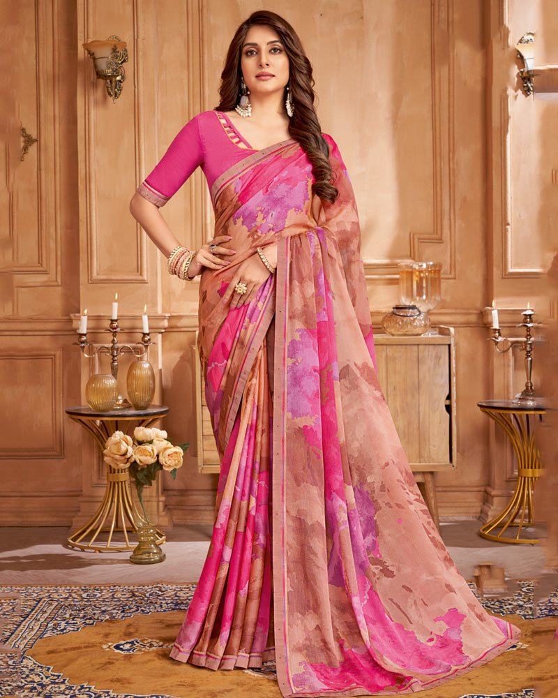 Vishal Prints Cadillac Pink And Rusty Brown Printed Brasso Saree With Fancy Border