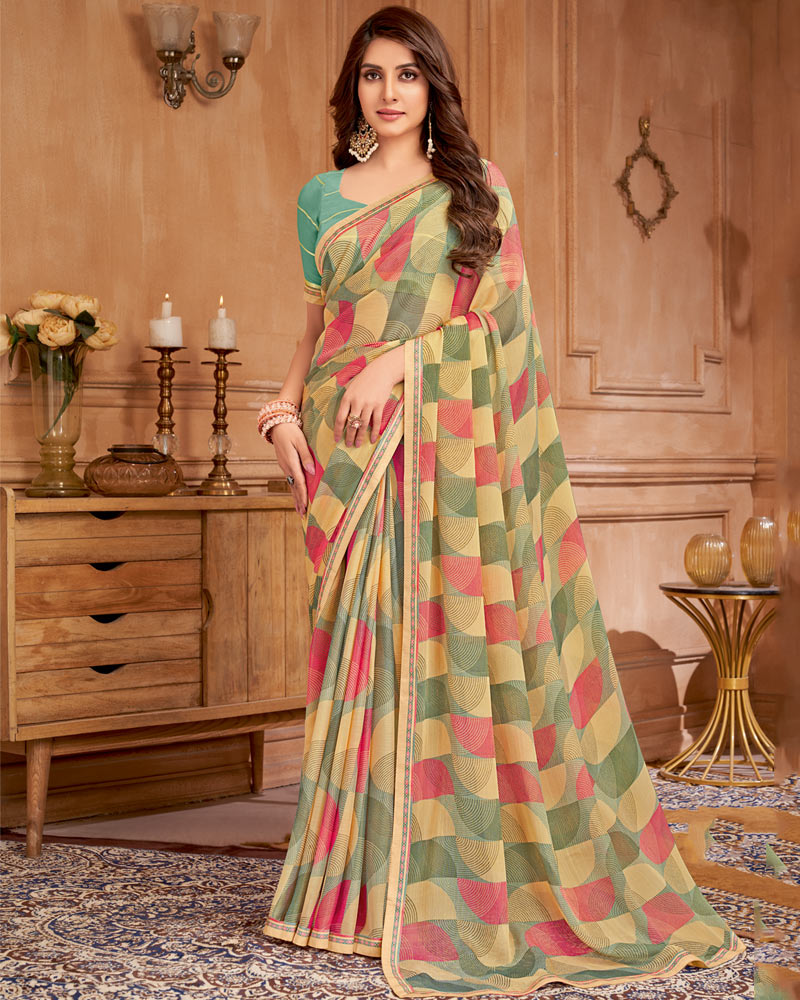 Vishal Prints Tan And Granite Green Printed Brasso Saree With Fancy Border