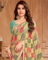 Vishal Prints Tan And Granite Green Printed Brasso Saree With Fancy Border