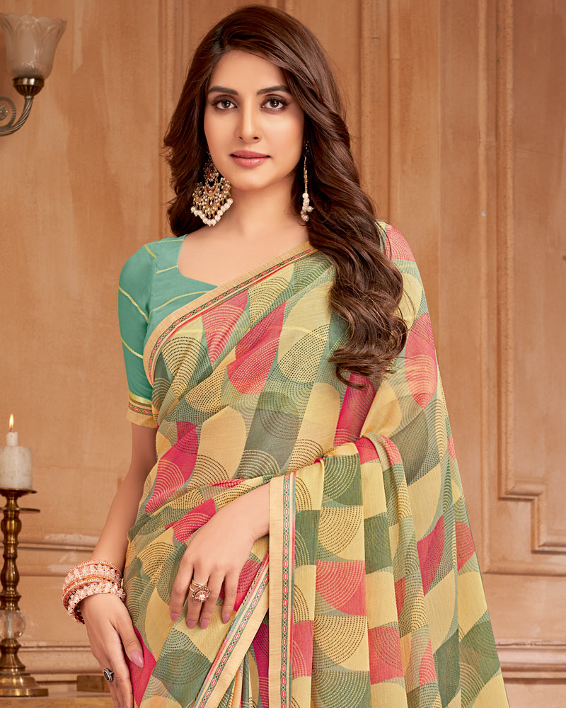 Vishal Prints Tan And Granite Green Printed Brasso Saree With Fancy Border
