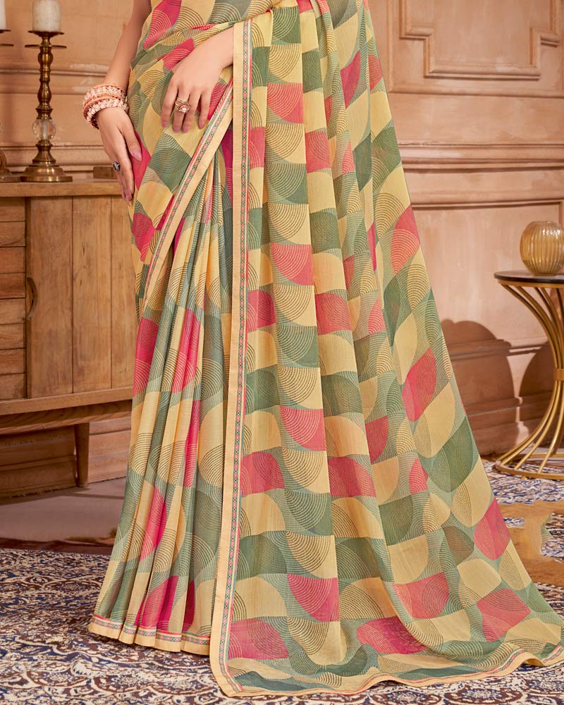 Vishal Prints Tan And Granite Green Printed Brasso Saree With Fancy Border