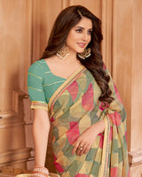 Vishal Prints Tan And Granite Green Printed Brasso Saree With Fancy Border