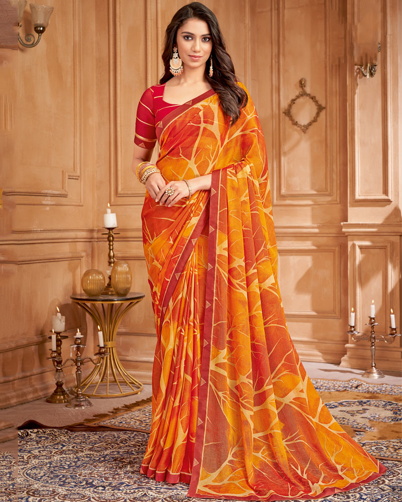 Vishal Prints Carrot Orange Printed Brasso Saree With Fancy Border