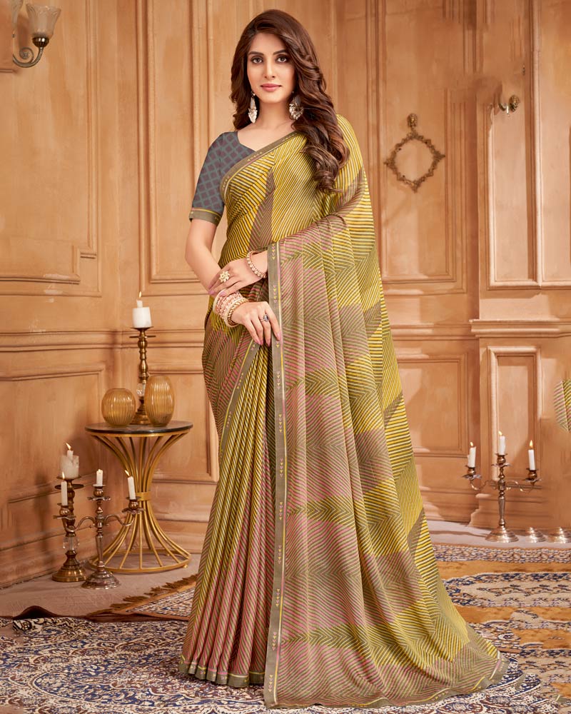 Vishal Prints Sand Brown And Light Yellow Printed Brasso Saree With Fancy Border