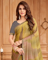 Vishal Prints Sand Brown And Light Yellow Printed Brasso Saree With Fancy Border