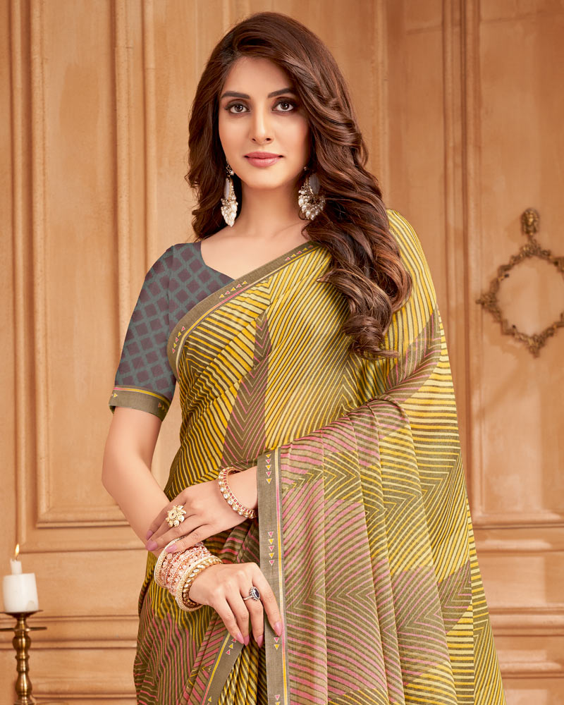 Vishal Prints Sand Brown And Light Yellow Printed Brasso Saree With Fancy Border